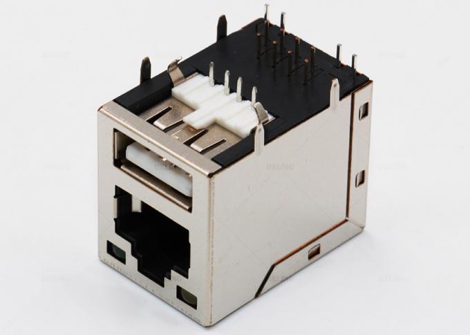 Right Angle USB Combo Female RJ45 Jack Connector With Yellow / Green LED