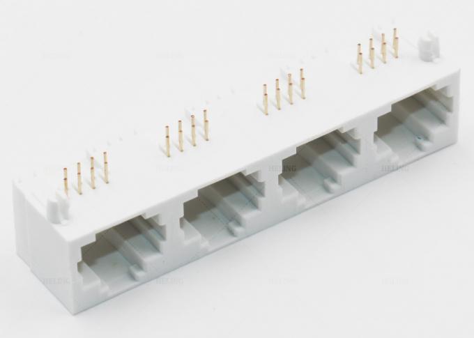 White Color RJ45 Modular Jack 1 x 4 Ports Right Angle Tab Up THT Mounting